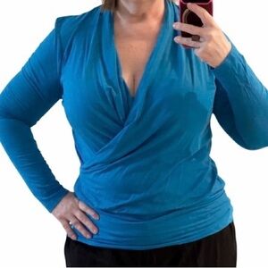 Karen Kane Blue Faux Wrap Draped Long Sleeve Top Size L